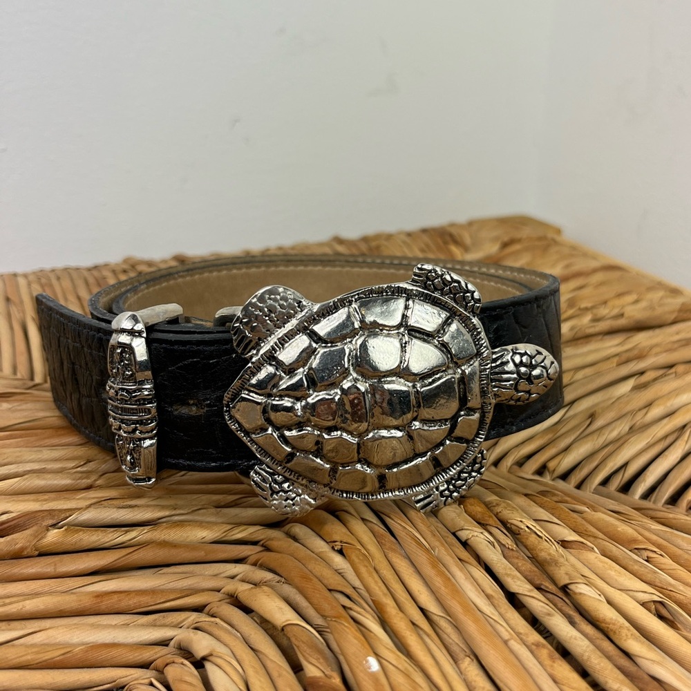 Vintage 90s Leatherock Inc Sterling Silver‎ Turtle Buckle Belt